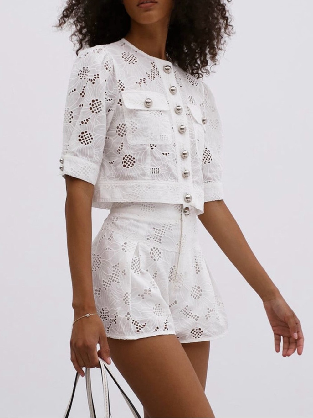 Commense Multi-Button Embroidery  Shorts Set - Picture 2 of 6